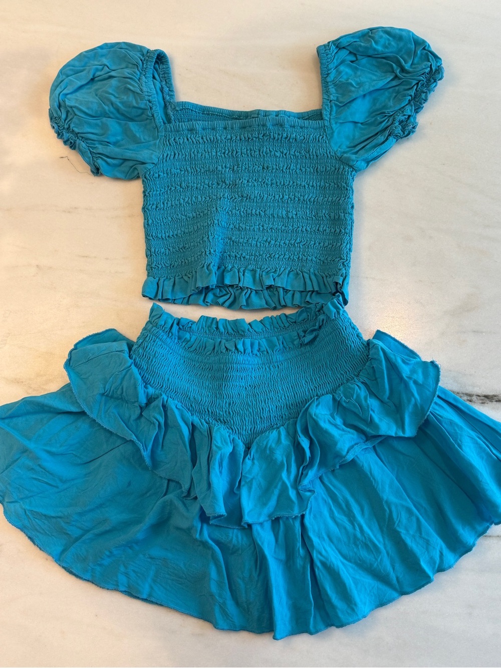 Katie J Tween Smocked Puff Sleeve Crop Top & Ruffle Skirt Set - Turquoise